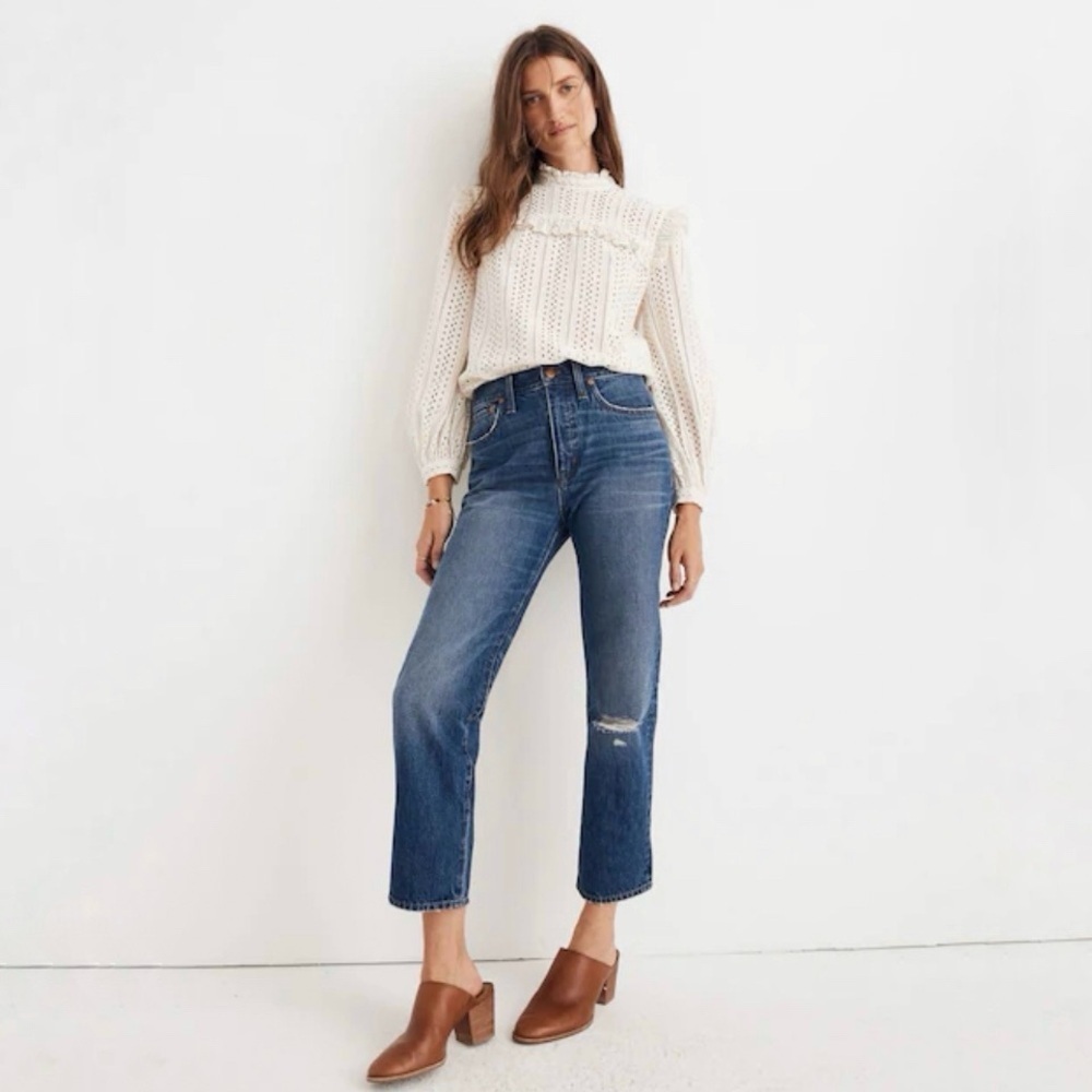 Madewell Classic Straight Jean Knee Rip High Waist Ankle Crop Jade Wash 26